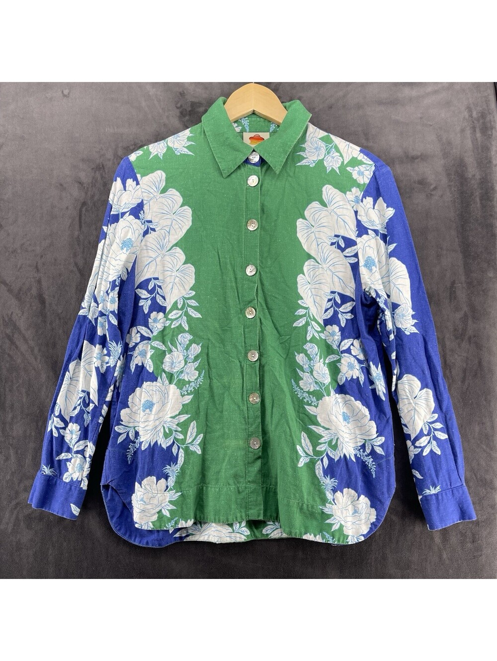 FARM Rio Women’s Floral Button Up Shirt Green Blue Long Sleeve Size S